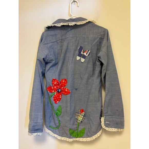 Vintage Retro Chambray Denim Embroidered Blouse Hand Made Hippie - Picture 6 of 6